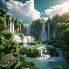 Fototapeta premium Emerald Beauty: majestic waterfalls surrounded by lush greenery create a stunning view.