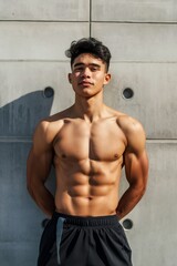 Shirtless man with a six pack posing for a picture