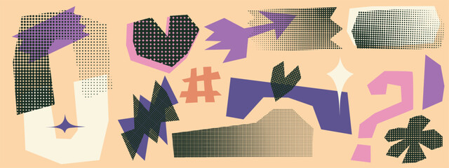 Shape halftone playful form. Retro y2k design with abstract shape heart, arrow and star. Geometry pop bold figure in collage. Vector illustration