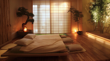 A bedroom with warm bamboo flooring, a platform bed with a simple teak wood frame, and sliding rice paper screens leading to a small meditation corner with floor cushions and bonsa