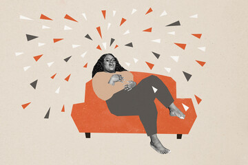 Composite photo collage of sleepy american fat girl lie sofa bedroom nap relax snore overweight afro lady isolated on painted background