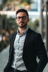 Successful and confident young businessman in modern professional attire and glasses. Exuding leadership and determination. Posing outdoors in an urban setting