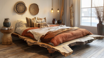 A bedroom featuring reclaimed wood flooring, a platform bed with a live-edge wood headboard, and linen bedding in earthy tones, accented by handmade ceramic bedside lamps.