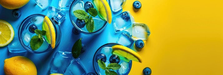 horizontal banner, National Day of Sweden, Swedish flag, citrus alcoholic cocktails with blueberries, lemon, mint and herbs, top view, copy space, free space for text