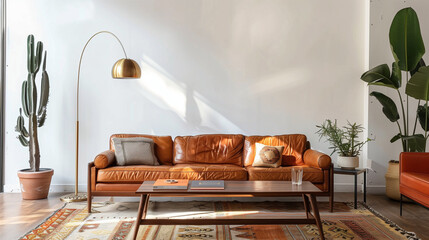 A lounge area with iconic mid-century furniture pieces, such as a vintage leather sofa, teak wood coffee table, and an Arco floor lamp, set against a backdrop of crisp white walls.