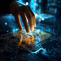A finger is being used to touch a circuit board. This is known as a KPI (key performance indicator) in business technology. Corporate leaders assess performance against predetermined goals using busin