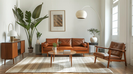 Fototapeta premium A lounge area with iconic mid-century furniture pieces, such as a vintage leather sofa, teak wood coffee table, and an Arco floor lamp, set against a backdrop of crisp white walls.