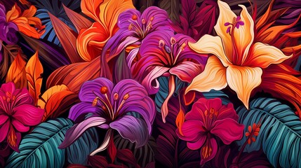 Vibrant Illustrated Floral Composition in a Tropical Style