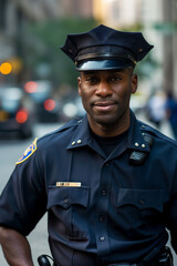 Close-up of a cheerful male police officer in uniform with badge and cap, serving the community