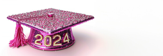 3D realistic Graduation university or college Pink cap isolated on white background. Graduate college, high school, Academic, or university cap. Hat for degree ceremony. 3D illustration. 2024