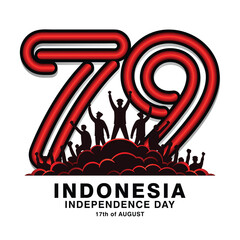 79th Indonesian Independence Day concept logo. Silhouette of people raising their hands on the cloud in front of 79 logo