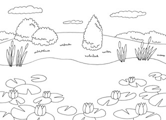 Lotus lake graphic black white landscape sketch illustration vector