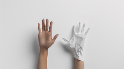 Human hand and inflatable glove reaching towards each other on a white background.