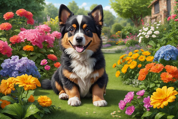 Beautiful cute dog playing in a garden full of beautiful colorful flowers