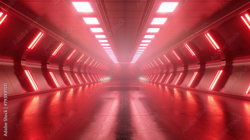 Poster empty light red studio room futuristic sci fi big hall room with lights red, future background for d