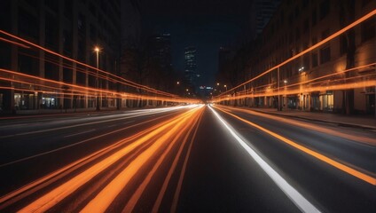Quick Movement on Night Boulevard. Orange Light and Stripes Racing Rapidly over Dark Background.