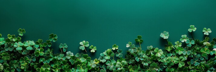 A vibrant green sea of clover leaves stretching across a deep green backdrop, symbolizing luck and nature