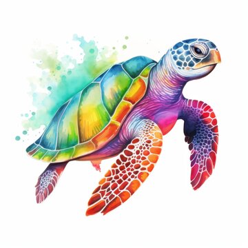 A watercolor painting of a sea turtle with a rainbow shell.