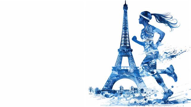 Blue watercolor paint of runners athlete exercise by eiffel tower