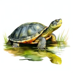 A watercolor painting of a turtle standing in a pond, looking up at the sky.