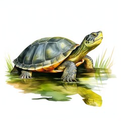 Obraz premium A watercolor painting of a turtle standing in a pond, looking up at the sky.