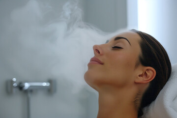 Side view of the woman enjoying a steam facial, promoting the clinic's advanced treatments