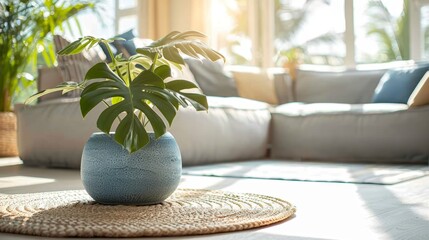 The image shows a living room with a large potted plant in the foreground. The plant has large, green leaves and is sitting on a round rug. The living room is decorated in a modern style with white wa - obrazy, fototapety, plakaty