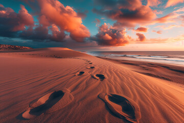Footprints in the sand leading to a distant horizon - obrazy, fototapety, plakaty