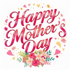 Happy Mother's Day glossy text surrounded by dots, hearts, cute flowers and leaves bouquet, isolated on white background