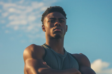 Confident young male athlete in sportswear determinedly training outdoors against a beautiful sunset sky. Showcasing his muscular strength and focus. Representing empowerment. Perseverance