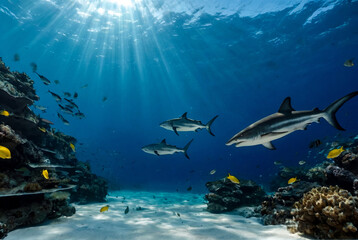 Oceanic whitetip shark. Carcharhinus longimanus swimming in red sea. Sharks in wild. Marine life...