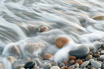 Ocean waves gently washing over smooth pebbles