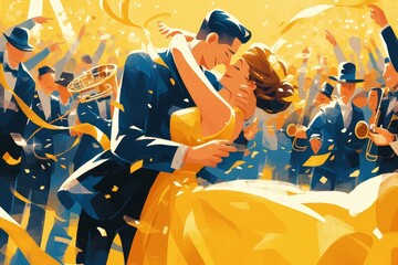 An illustration of two people dancing in the style of flat design, featuring an elegant man and woman 