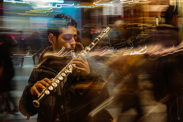 Piccolo Solo: Capture the piccolo player in a dynamic pose, surrounded by blurred musicians, emphasizing the instrument's unique contribution. - obrazy, fototapety, plakaty
