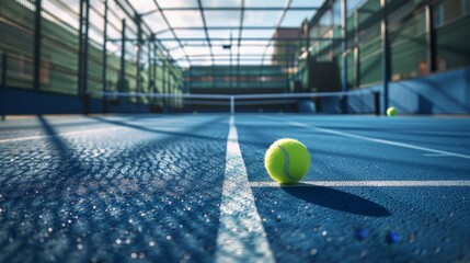 Vibrant Outdoor Tennis Court with Close-up of Tennis Ball and Sunlight Reflections
