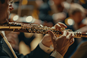 Melodic Embrace: Frame the piccolo player amidst the orchestra, embodying the unity and beauty of their melodic contribution to symphonic compositions.