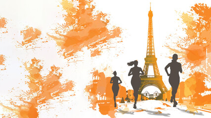 Orange watercolor paint of runners athlete exercise by eiffel tower