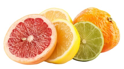 Isolated citrus fruits, Pieces of lemon, lime, pink grapefruit and orange isolated on white background, with clipping path