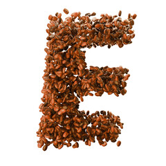 Capital letter E made from coffee beans. Coffee font. Alphabet made from coffee beans. Transparent background. 