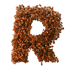 Capital letter R made from coffee beans. Coffee font. Alphabet made from coffee beans. Transparent background. 