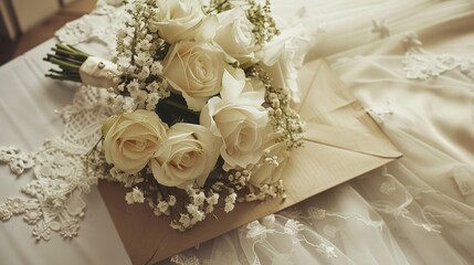 Elegant Wedding Bouquet on Lace Bridal Gown Background