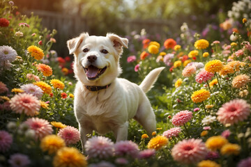 Beautiful cute dog playing in a garden full of beautiful colorful flowers
