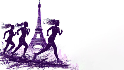 Purple watercolor paint of runners athlete exercise by eiffel tower