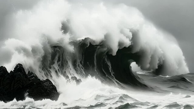 Extreme Wave crushing coast , Large Ocean Beautiful Wave, Awesome power of waves breaking over dangerous rocks. Powerful ocean wave crushing on cliff slow-motion 4k video beauty
