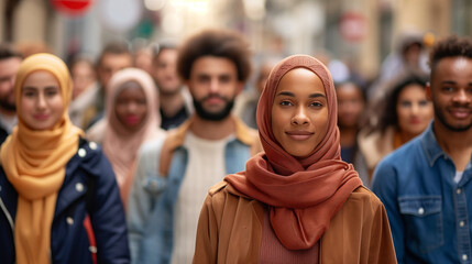 A group of people are smiling and posing for a photo. One woman is wearing a scarf and a man is wearing a backpack. a group of very diverse people from different ethnic backgrounds in a street