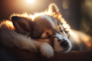 Cute puppy sleeps on soft blanket. Animal care. Evening light. Generative AI
