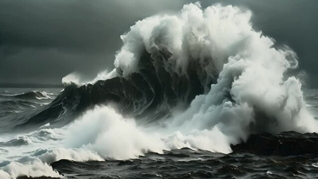 Extreme Wave crushing coast , Large Ocean Beautiful Wave, Awesome power of waves breaking over dangerous rocks. Powerful ocean wave crushing on cliff slow-motion 4k video beauty