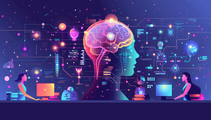 A colorful drawing of a brain with a woman sitting at a desk with a laptop by AI generated image
