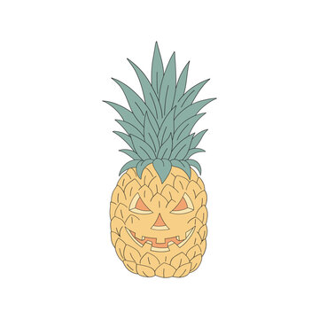 Hand drawn cartoon summer Halloween sweets and treats pineapple with scary face vector illustration isolated on white. Retro groovy line art drawing style October 31st party trick or treat event