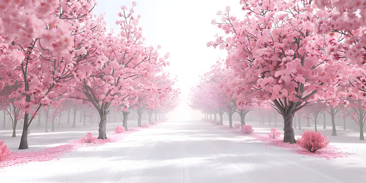 A pink and white landscape with a tree lined path covered with flowers in snow, Springtime Blossom